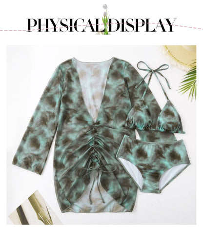 XL-5XL Plus Size Vacation Bikini Sexy Three-Piece Split Long Sleeve Swimsuit Women Summer Blue Pleated Beach Party Swimsuits