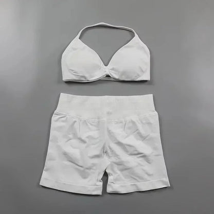 2PCS Yoga Gym Set Women Seamless Strappy Yoga Bra Top High Waist Workout Scrunch Shorts Sports Suit Fitness Clothes Sportswear