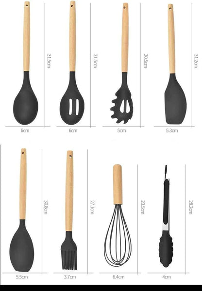 12PCS Silicone Kitchenware Non-Stick Cookware Kitchen Utensils Set Spatula Shovel Egg Beaters Wooden Handle Cooking Tool Set