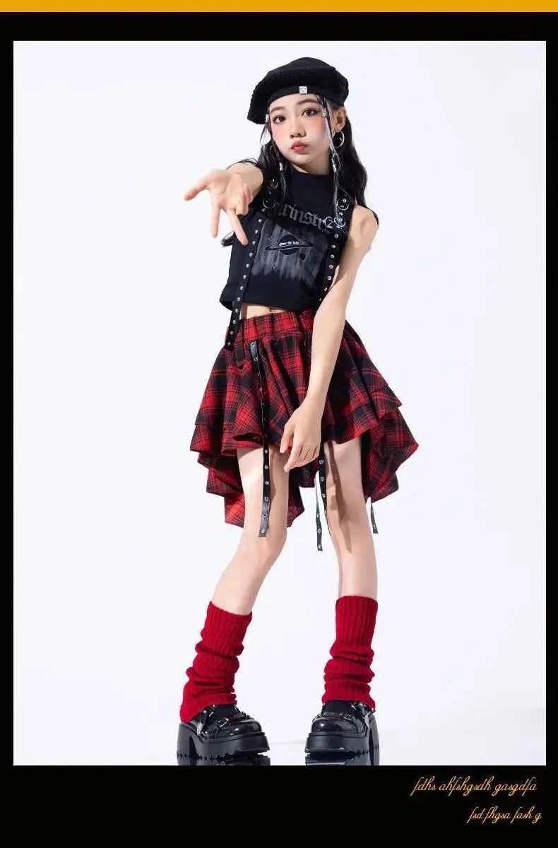 Hip Hop Girls Crop Top Plaid Street Dance Skirt Kids Ribbon Pleated Skirts Teens Jazz Cool Costumes Child Streetwear Clothes Set