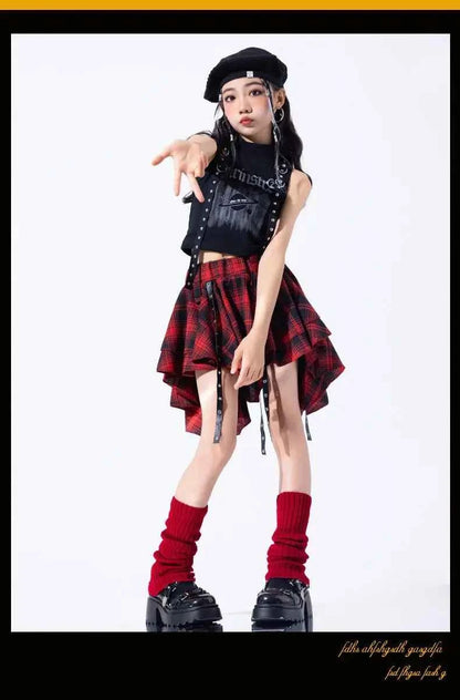 Hip Hop Girls Crop Top Plaid Street Dance Skirt Kids Ribbon Pleated Skirts Teens Jazz Cool Costumes Child Streetwear Clothes Set