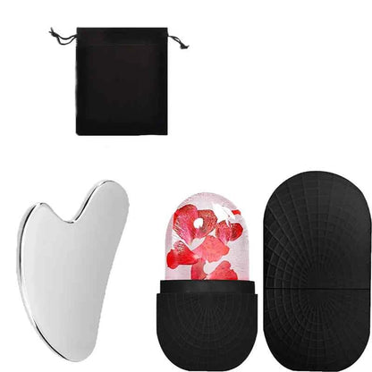 3-piece facial cleansing tool, stainless steel heart-shaped scraping tool, ice facial roller, a flannel bag