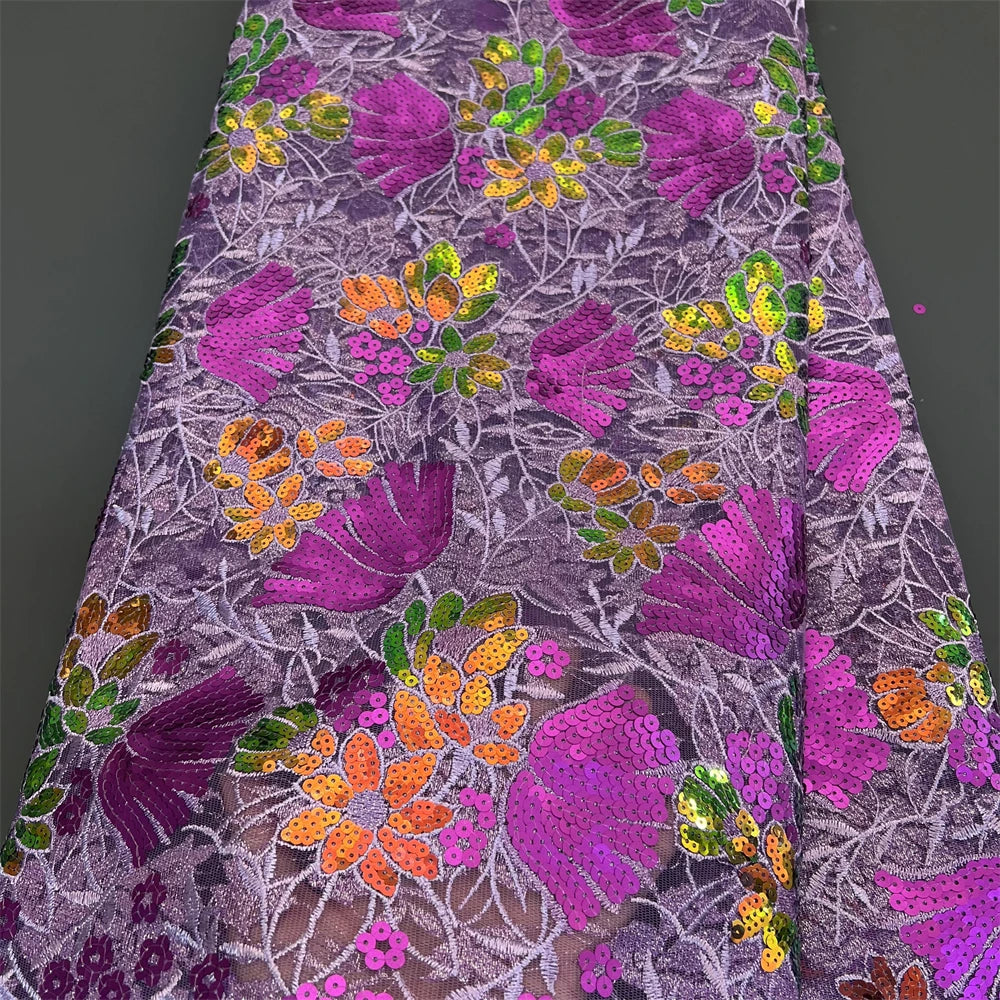 African Nigerian Tulle Lace Fabric - 3D Sequins Embroidery