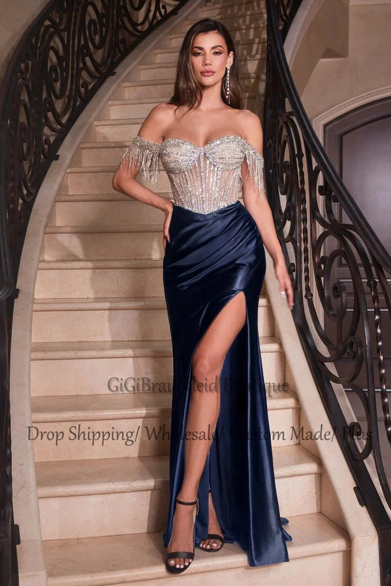GiGiBraut Fancy Satin Prom Dress For Women Mermaid Pleated Slit Crystals Evening Gowns Vestido De Formatura Party Customised - AMULET RING STORE