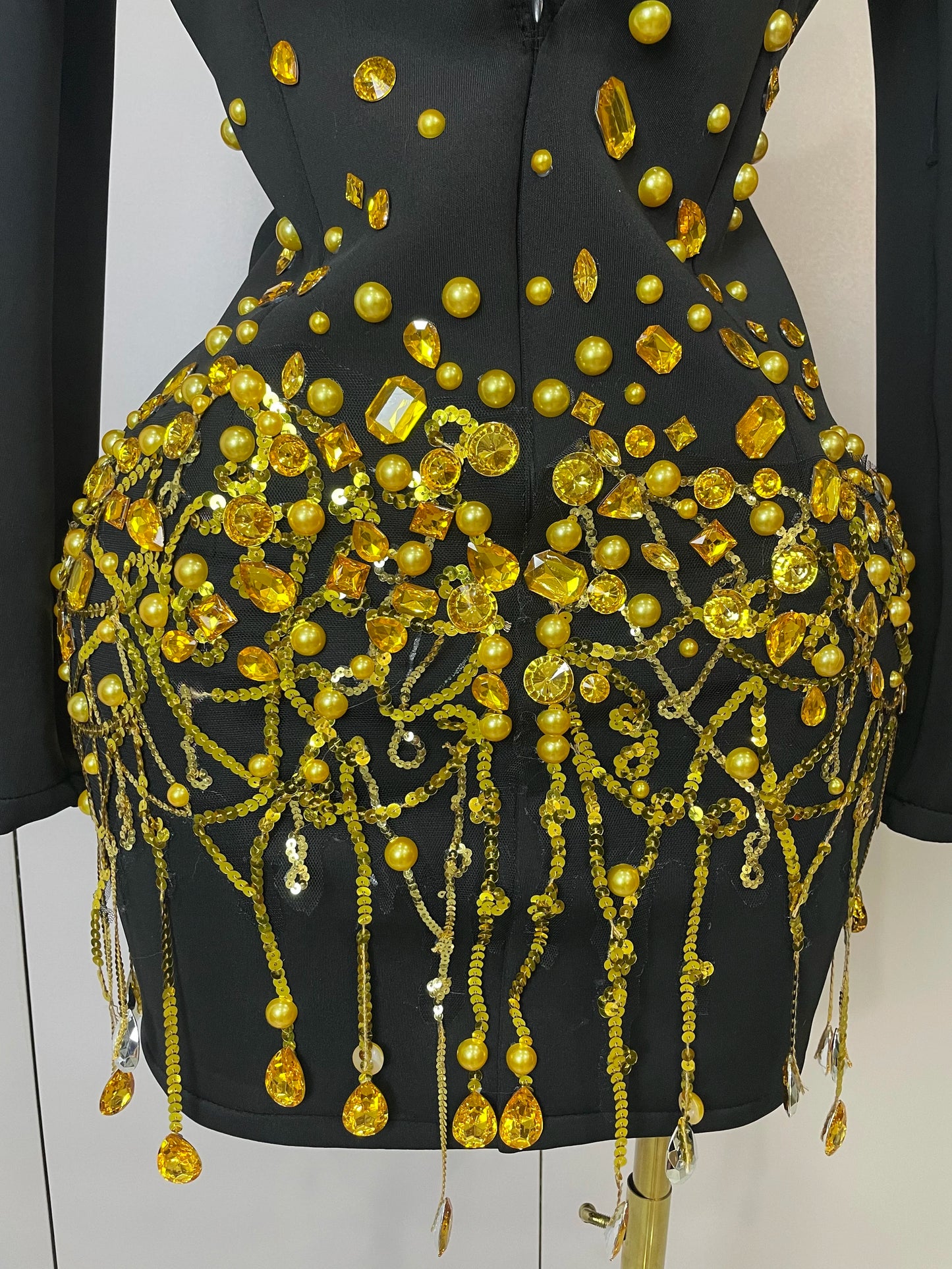 Sparkly Crystal Chains Pearls Long Sleeve Mini Dress 2025 Women Birthday Evening Party Nightclub Outfit Singer Wedding Costume - AMULET RING STORE