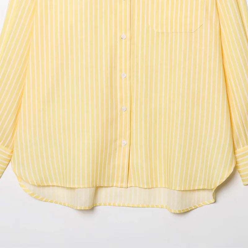 HXAO Women's Striped Shirt Long Sleeve Yellow Shirt Spring Summer Long Button Up Shirts And Blouses Casual Loose Fit Shirt