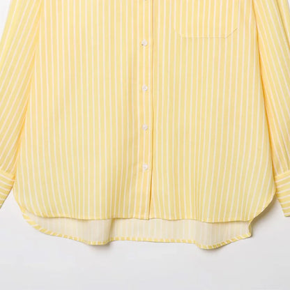 HXAO Women's Striped Shirt Long Sleeve Yellow Shirt Spring Summer Long Button Up Shirts And Blouses Casual Loose Fit Shirt