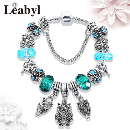 Antique Tibetan Silver Tree of Life Charm Bracelets Green Crystal Flower Bead Bracelet with Heart Diy Jewelry Pulsera Mujer
