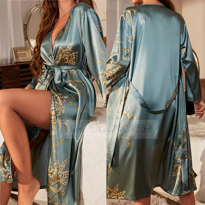 Black Print Flower Long Robe Nightgown Silk Satin Female Sleepwear Nightdress Spring Summer Loose Kimono Bathrobe Gown Home Wear