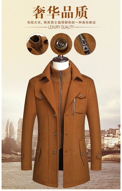 Men's Double Collar Wool Coat  Fashion Handsome Autumn Winter Business Style High Quality Middle-aged Men's Fashion Woolen Coat