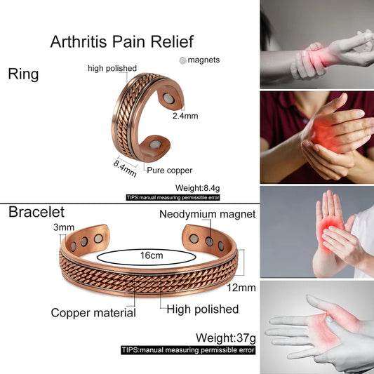 Twisted Magnetic Pure Copper Jewelry-Set Adjustable Bracelet Ring Magnet Resizable Health Arthritis Jewelry Set for Women Men