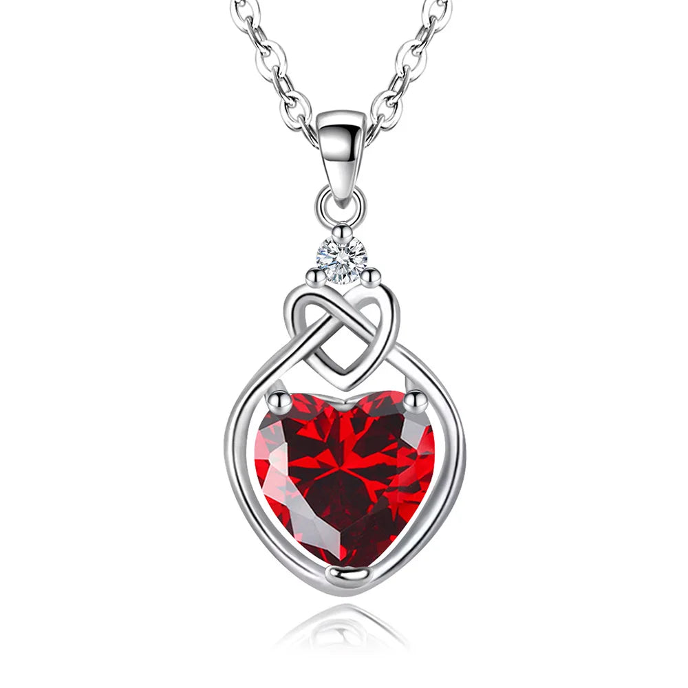 Heart Knot Created Red Ruby Natural Garnet 925 Sterling Silver Romantic Heart Pendant Necklace for Women Gemstone Jewelry Colar