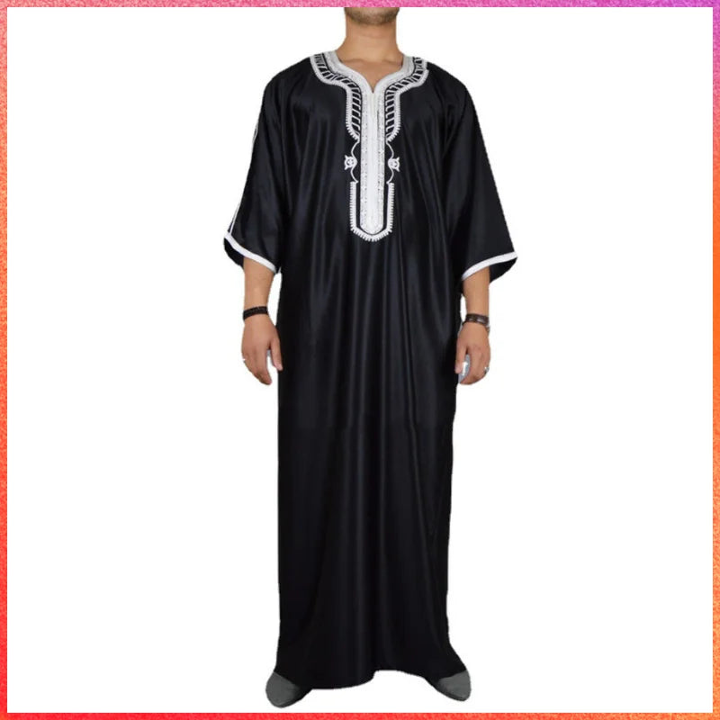 New Men's 1PCS Long Black Muslim Clothing Dresses Abaya Mid Sleeve Arab Crew Neck Islamic Solid Color Kaftan Maxi Dubai