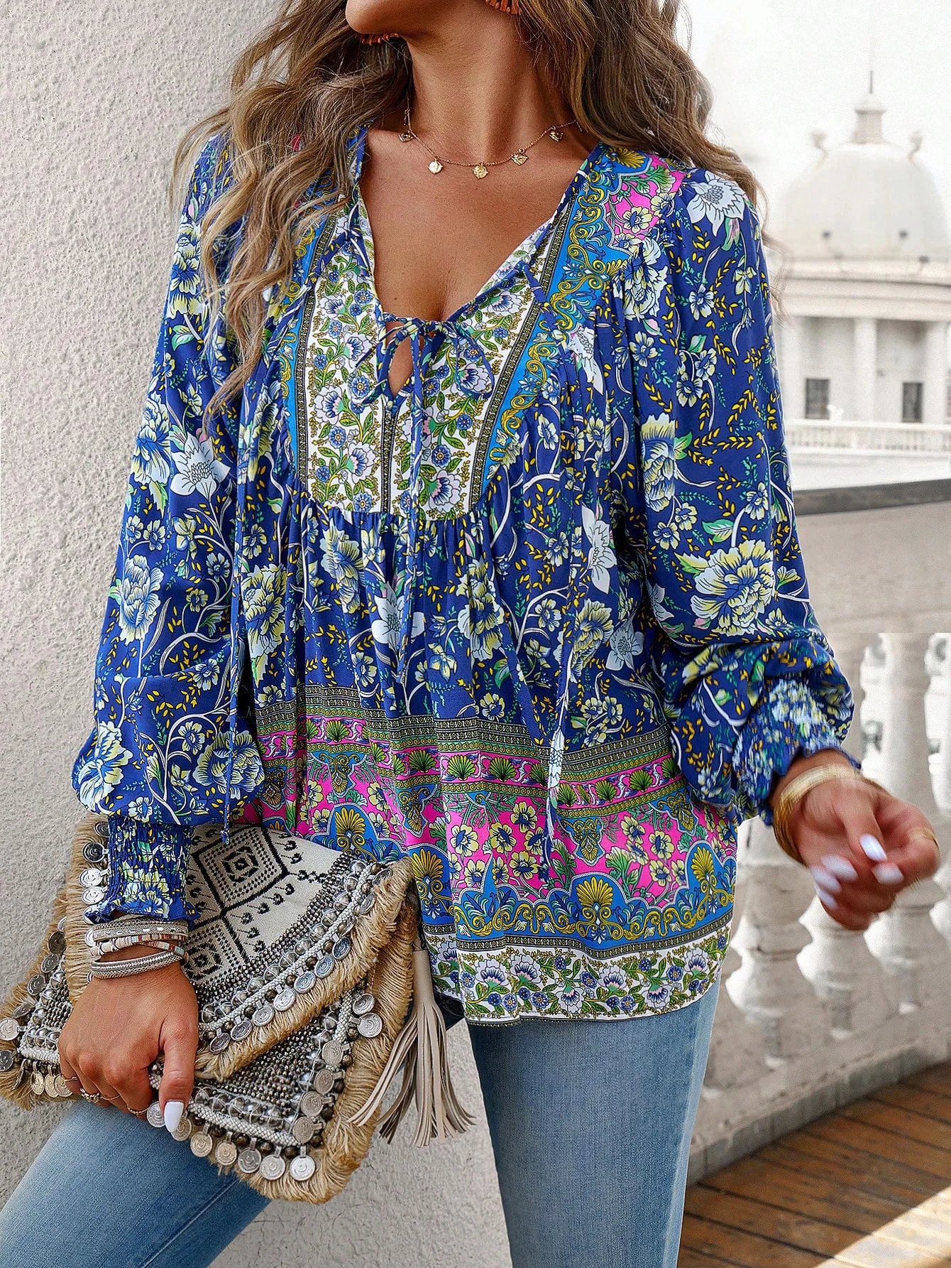 2024 Summer Fashion New Women's Elegant Casual Printed V-neck Shirt with Bubble Sleeves and Loose Commuting Style Top - AMULET RING STORE
