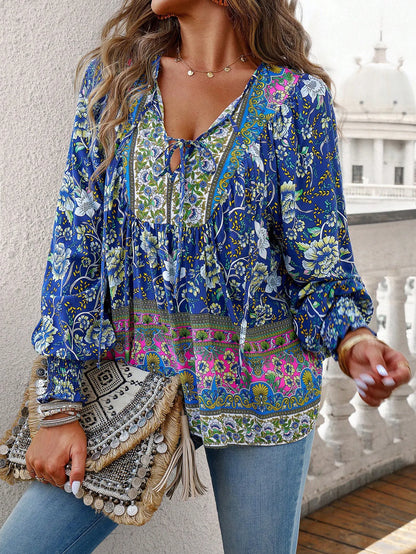 2024 Summer Fashion New Women's Elegant Casual Printed V-neck Shirt with Bubble Sleeves and Loose Commuting Style Top - AMULET RING STORE