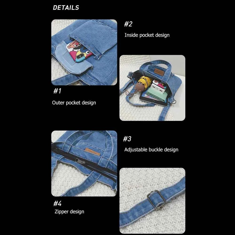 Women Stylish Tote Handbag Denim Shopper Shoulder Handbag Large Capacity Adjustable Straps with Pockets Daily Handbag and Purse