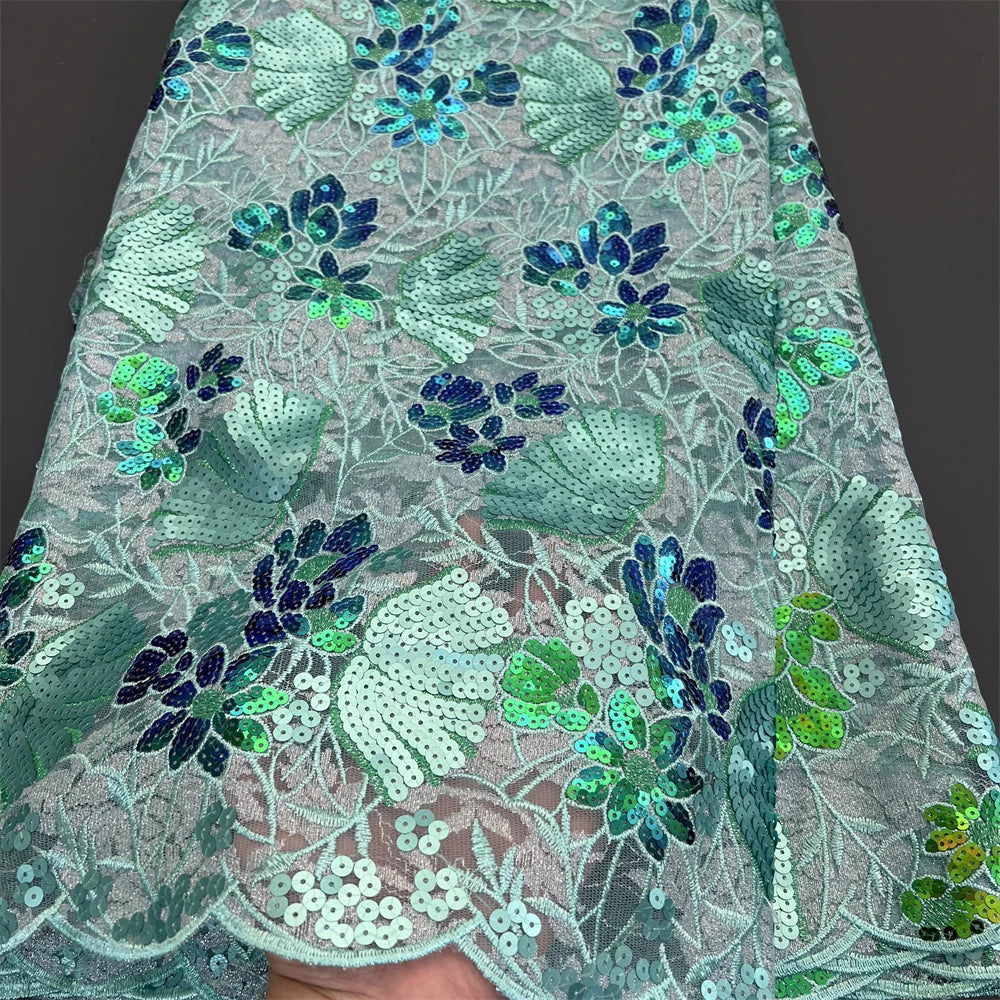 African Nigerian Tulle Lace Fabric - 3D Sequins Embroidery