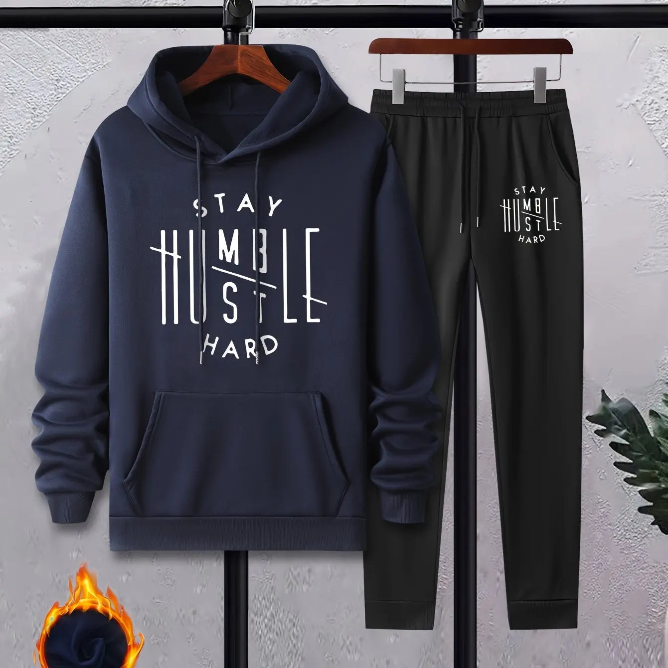 Men's Autumn/Winter Casual Fashion Warm Alphabets Pattern Printed Loose Thick Velvet Hoodie+Sports Pants Set