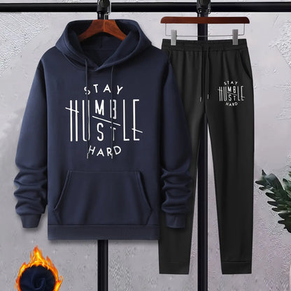Men's Autumn/Winter Casual Fashion Warm Alphabets Pattern Printed Loose Thick Velvet Hoodie+Sports Pants Set