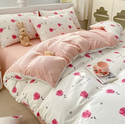 Korean Retro Floral Bedding Set 100% Washed Cotton Bed Sheets Set Soft Duvet Cover Bed Linen Pillowcase Single Double Queen King - AMULET RING STORE