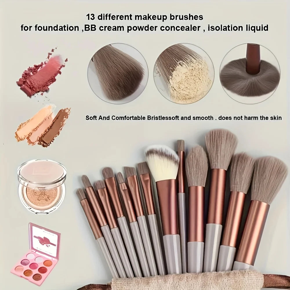 13 makeup brushes+2 puff set with portable storage bag, animal hair makeup brush set, soft and not stiff for beginners - AMULET RING STORE