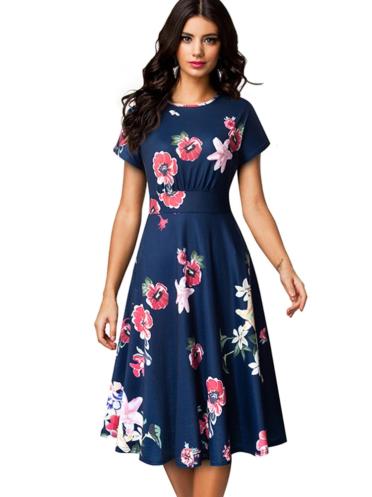 Nice-forever Vintage Elegant Floral Print Pleated Round neck vestidos A-Line Pinup Business Party Women Flare Swing Dress A102