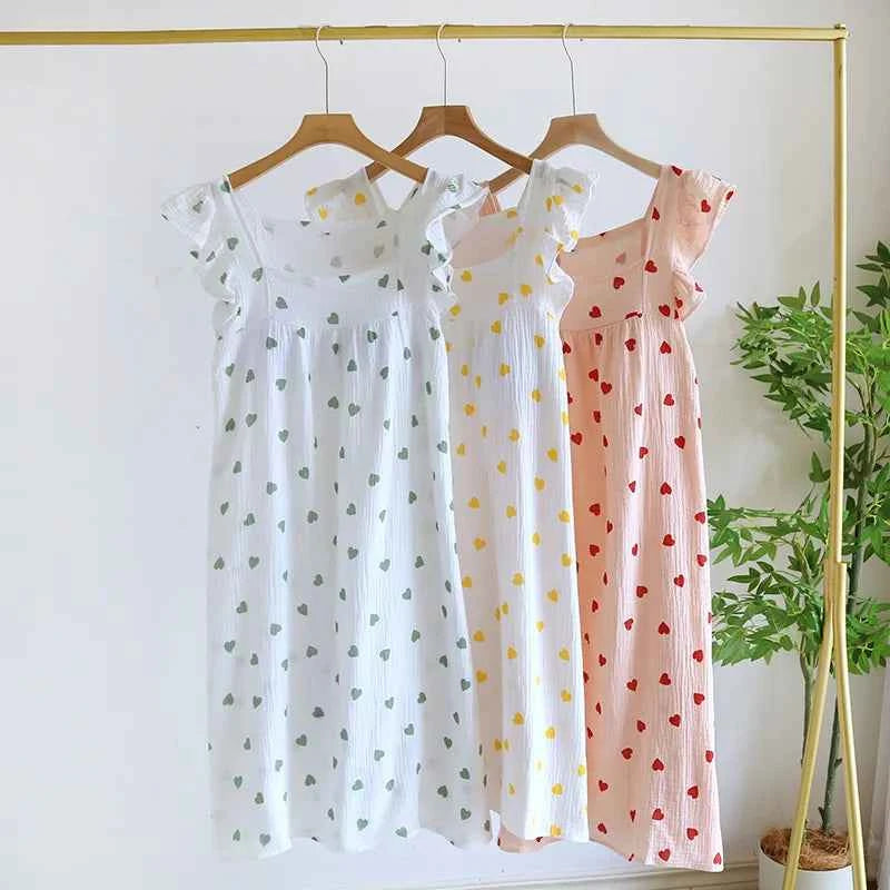 2025 Summer Women's New Sleeping Skirt 100% Cotton Crepe Wood Ear Edge Tank Top Skirt Love Belt Chest Cushion Home Dress Ladies