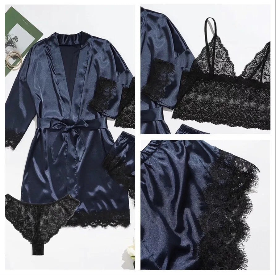 2025New Women's Pajama Fashion 4-piece Set Lace Satin Strap Sexy Pajama Set Dress Skin friendly Comfortable Casual Pajama Skirt - AMULET RING STORE