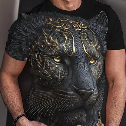Summer men's 3D lion and tiger pattern T-shirt, casual micro elastic breathable T-shirt, suitable for outdoor jogging wear - AMULET RING STORE