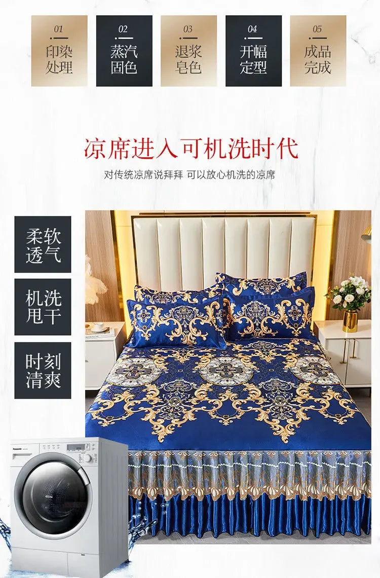 3Pcs/Lot Double Bed Sheet Set Classic Lace Royal Blue Bed Sheet Bed Skirt