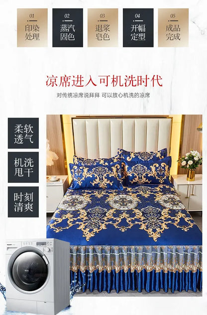 3Pcs/Lot Double Bed Sheet Set Classic Lace Royal Blue Bed Sheet Bed Skirt