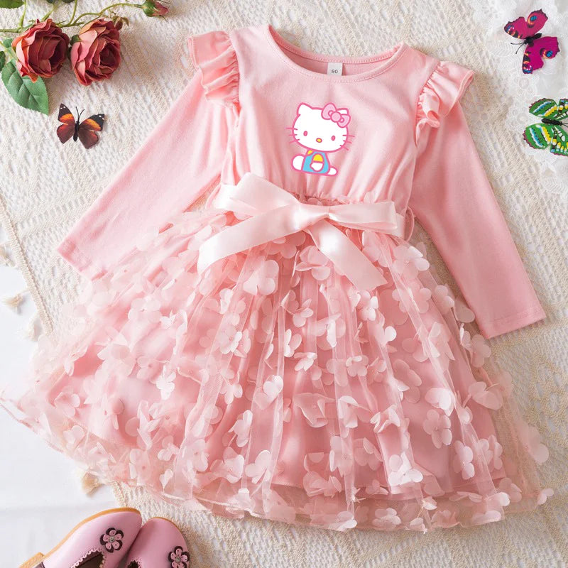 Hello Kitty Autumn Dress for Kid's Casual Clothes 3D Butterfly Cute Long Sleeve Baby Girls Princess Dress Party Dresses 2-6 Yrs
