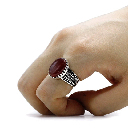 Türkiye Men's Handmade Ring S925 Silver Classic Vintage Natural Red Agate Fashion Holiday Jewelry Holiday Party Gift