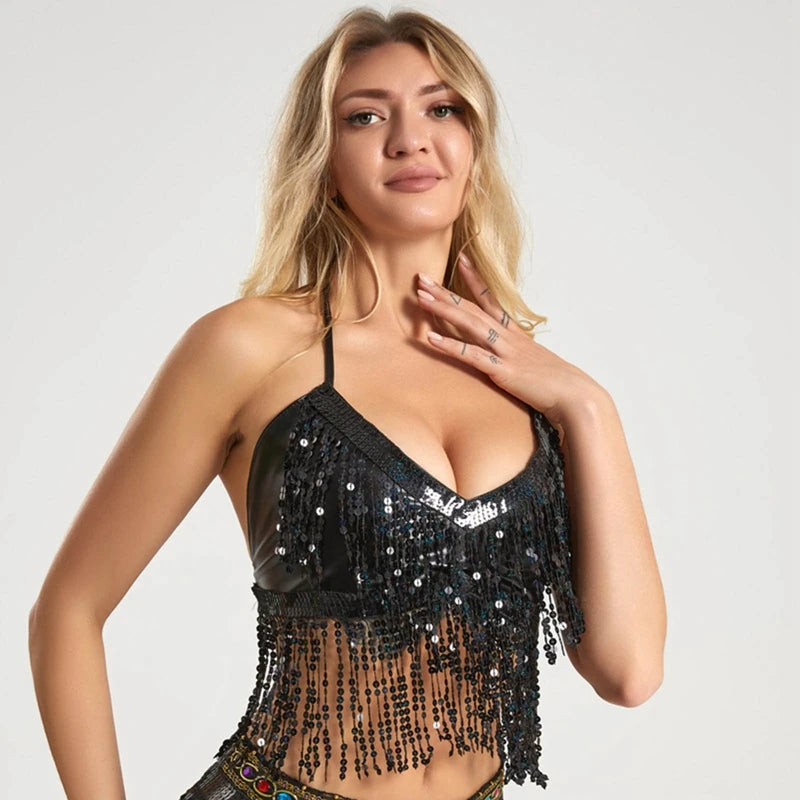 Women Belly Dance Tassel Crop Top Sequin Halter Top Bandage Tank Top Strappy Backless Tube Sleeveless Vest Hot Beach Shinny Top - AMULET RING STORE