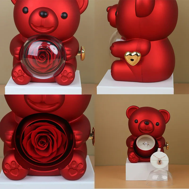 Eternal Rose Teddy Bear Jewelry Box with Custom Name Necklace Valentine Wedding Special Present for Girlfriend Anniversary gift - AMULET RING STORE