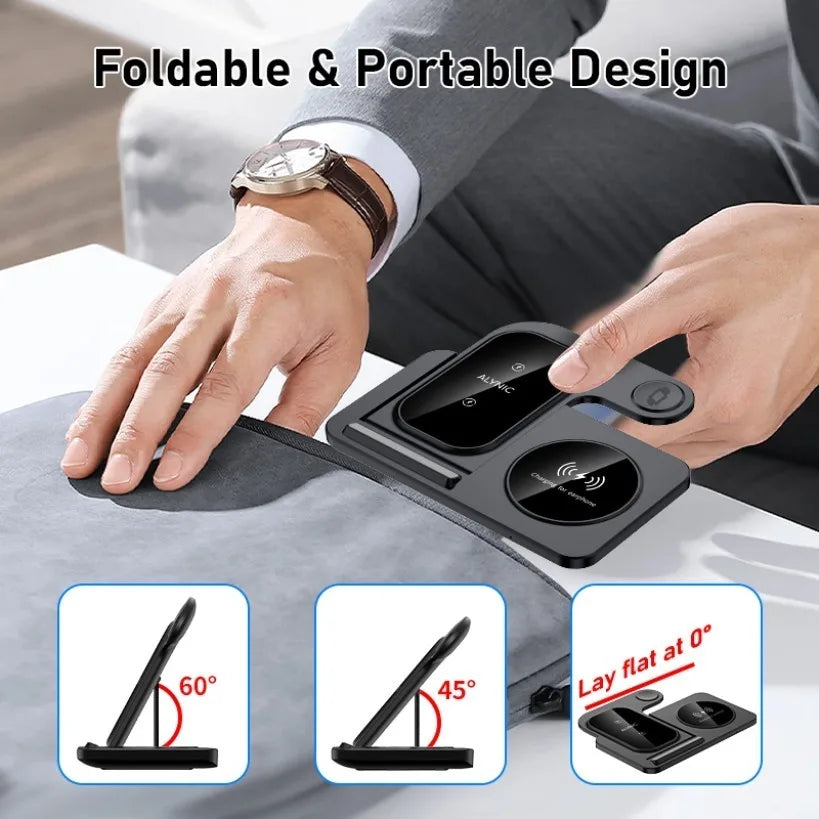 3 In 1 Wireless Charger Stand Foldable 15W Fast Wireless Charging Station Dock for iPhone 16 15 14 13 12 iWatch 9 8 7 6 Airpods