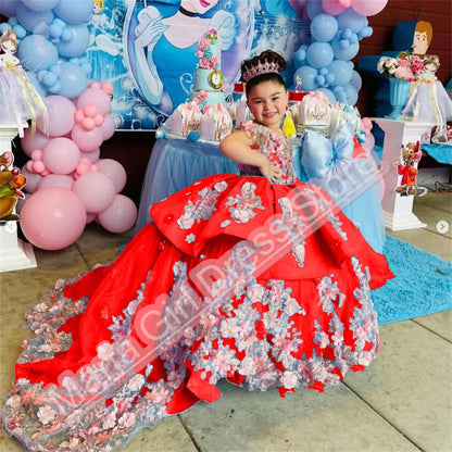 Luxury Appliqué  Flower Girl Dress Spaghetti Straps Birthday Lace Appliques Off Shoulder V-Neck First Communion Gown