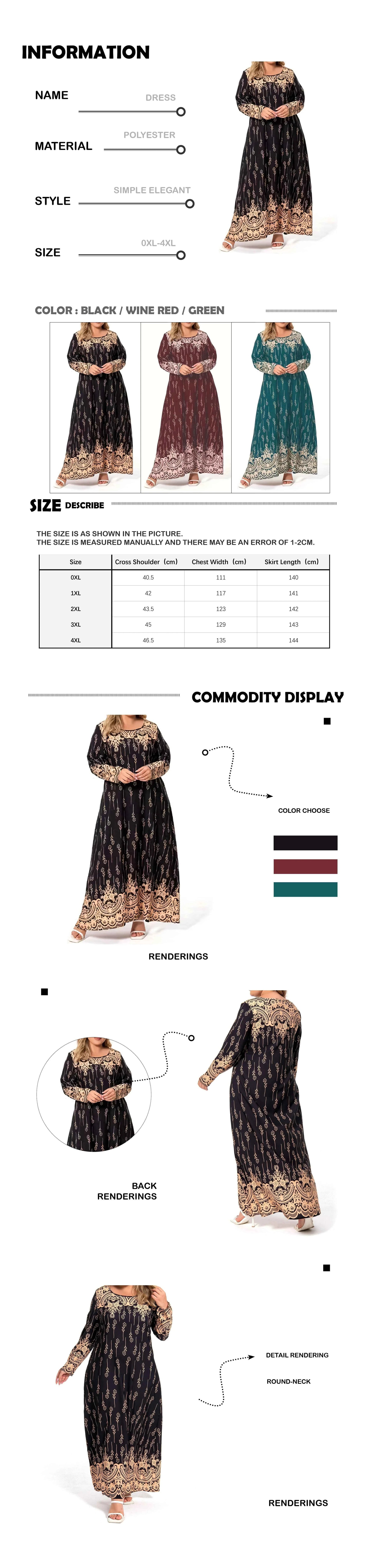 Plus size women's spring & summer round neck polyester non-elastic band ethnic print fashionable simple long-sleeved long dress。