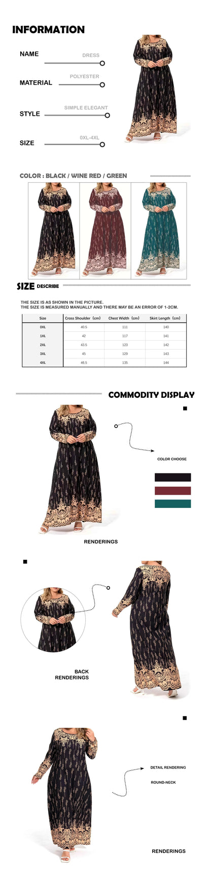 Plus size women's spring & summer round neck polyester non-elastic band ethnic print fashionable simple long-sleeved long dress。
