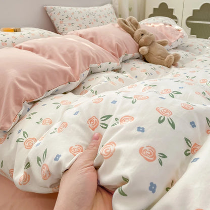 Korean Retro Floral Bedding Set 100% Washed Cotton Bed Sheets Set Soft Duvet Cover Bed Linen Pillowcase Single Double Queen King - AMULET RING STORE