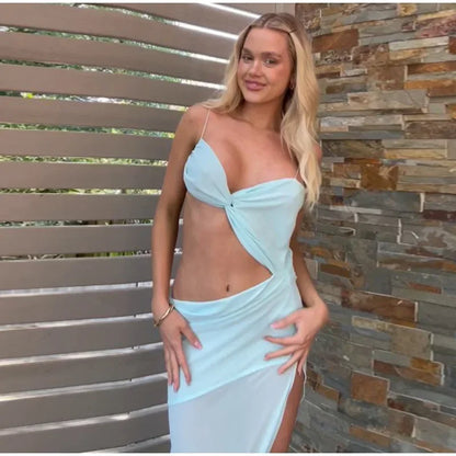 Vacation Hollow Out Mesh Long Sling Dress For Women Y2k Irregular Sleeveless Side Split Beach Suspender Dress Lady Evening Robe - AMULET RING STORE