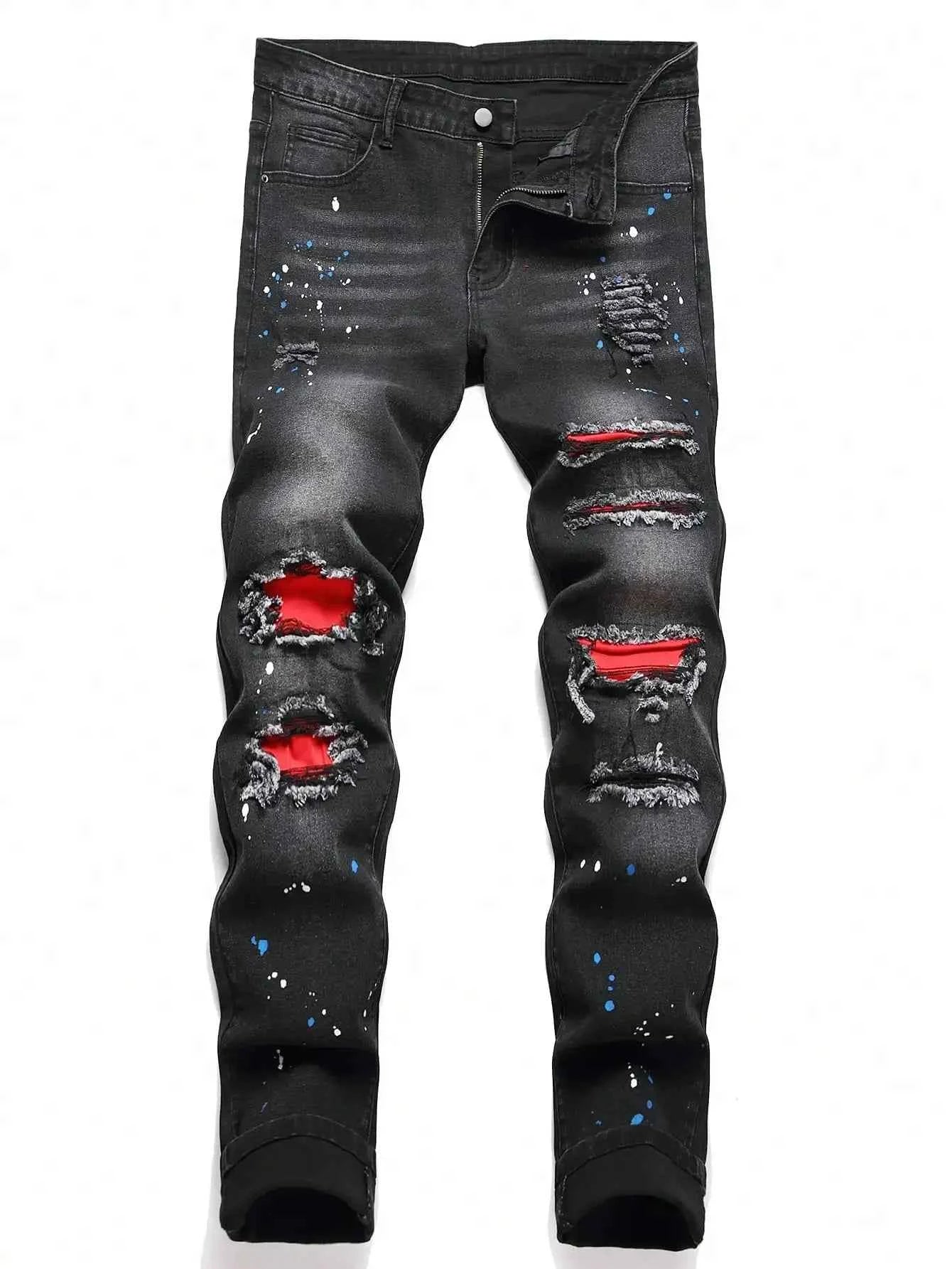 Men y2k Stretchy Skinny Denim Jeans For Men Casual pants Ripped Patchwork Hole Slim Fit Denim Hip Hop Black Straight Trousers