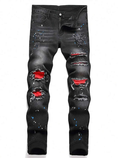 Men y2k Stretchy Skinny Denim Jeans For Men Casual pants Ripped Patchwork Hole Slim Fit Denim Hip Hop Black Straight Trousers