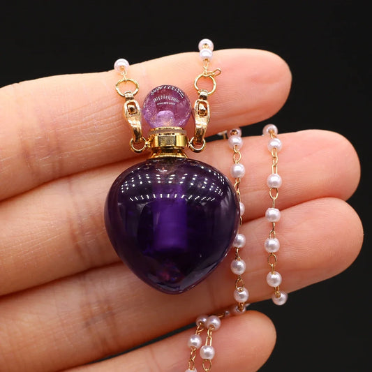 Natural Amethysts Perfume Bottle Pendant Necklace Pearl Chains Essential Oil Diffuser Agates Pendant Necklace For Women Jewerly - AMULET RING STORE