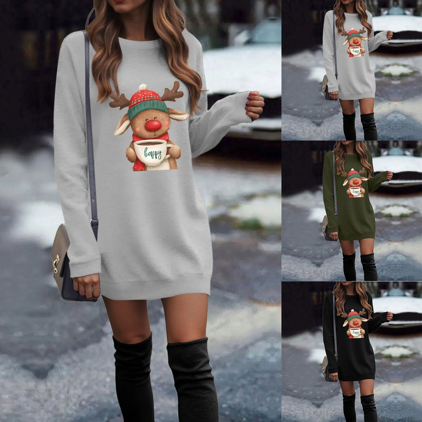 Ladies Casual Christmas Printed Round Neck Pullover Long Sleeved Sweatshirt Dress Comfy Striped Print Long Sleeve Sweatshirt