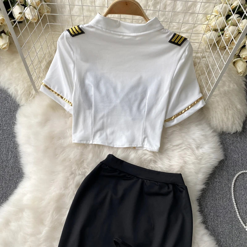 Women Sexy Hollow Skirts Suits Lace Patchwork Turn-down Collar Tops Mini Skirt Underpants 3 Pieces Erotic Pajamas Sets Cosplay - AMULET RING STORE