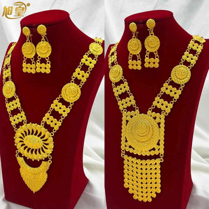 Bridal Indian Necklace Sets 24K Gold Plated Long Pendant For Women Nigeria African Dubai Wedding Earring Jewelry Set Party Gift