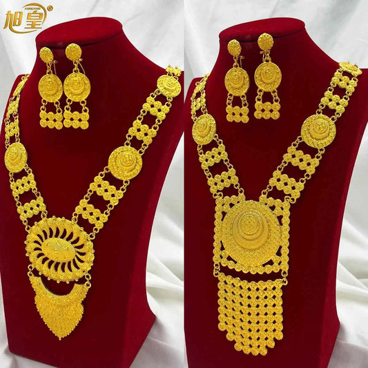 Bridal Indian Necklace Sets 24K Gold Plated Long Pendant For Women Nigeria African Dubai Wedding Earring Jewelry Set Party Gift