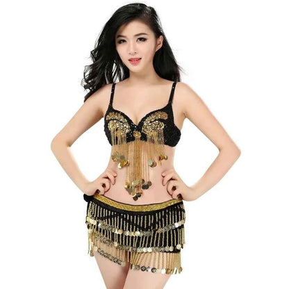 Women's Sexy Belly Dance Suit Charming Pole Dancewear Sequins Tassel Bra With Mini Skirt Stage Performance Costume