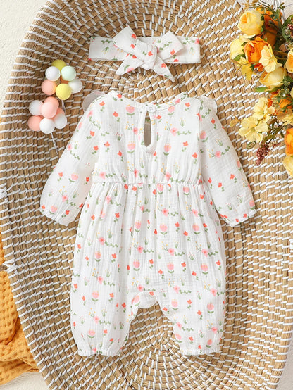 Baby Girls Summer Long Sleeve Printing Love With Bowknot  For Casual Daily Cotton Jumpsuit